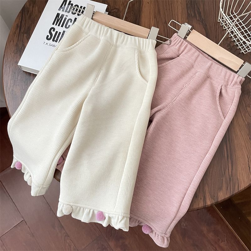 冬款日常百搭幼儿穿球球一体绒花边女童直筒裤加绒加厚宝宝阔腿裤