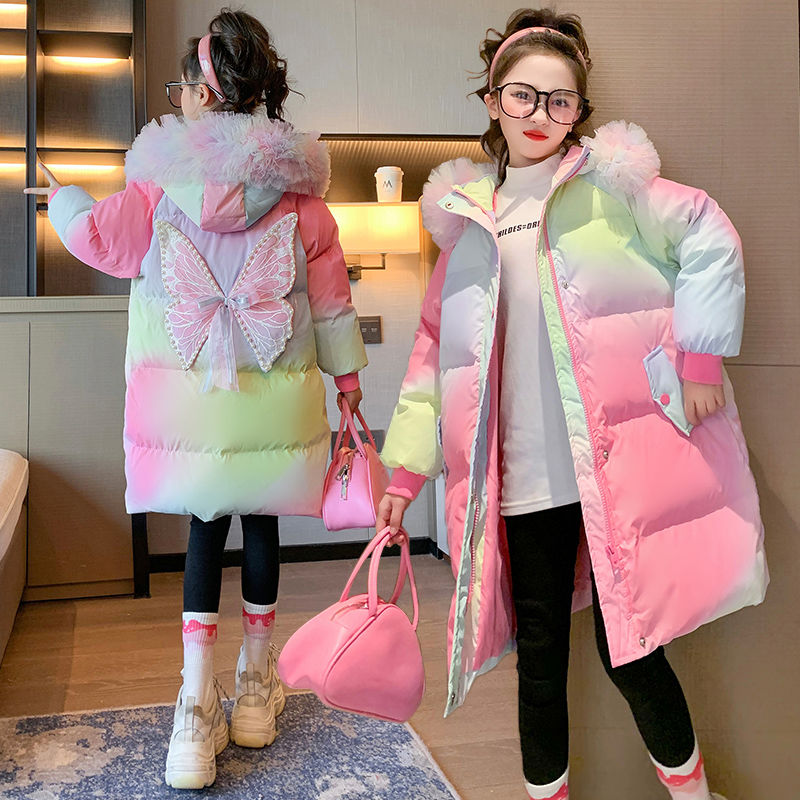 女童冬款棉衣2023新款中长款韩版棉袄中大儿童加绒加厚渐变袄子潮