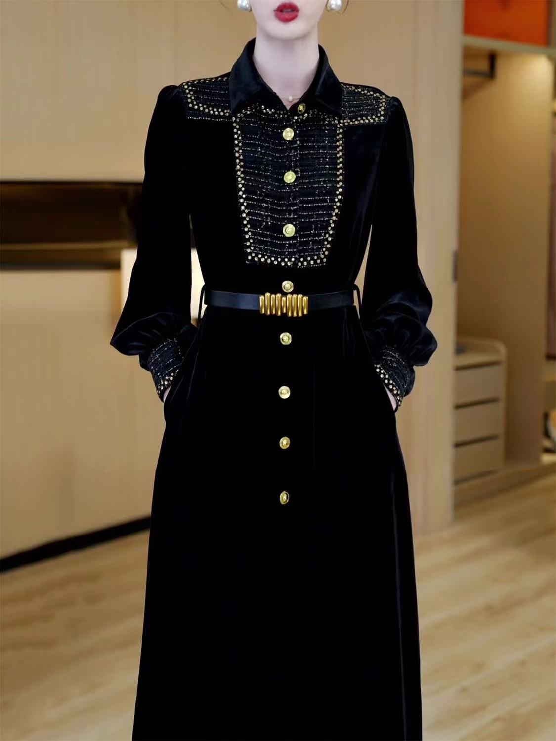 复古法式金丝绒旗袍连衣裙