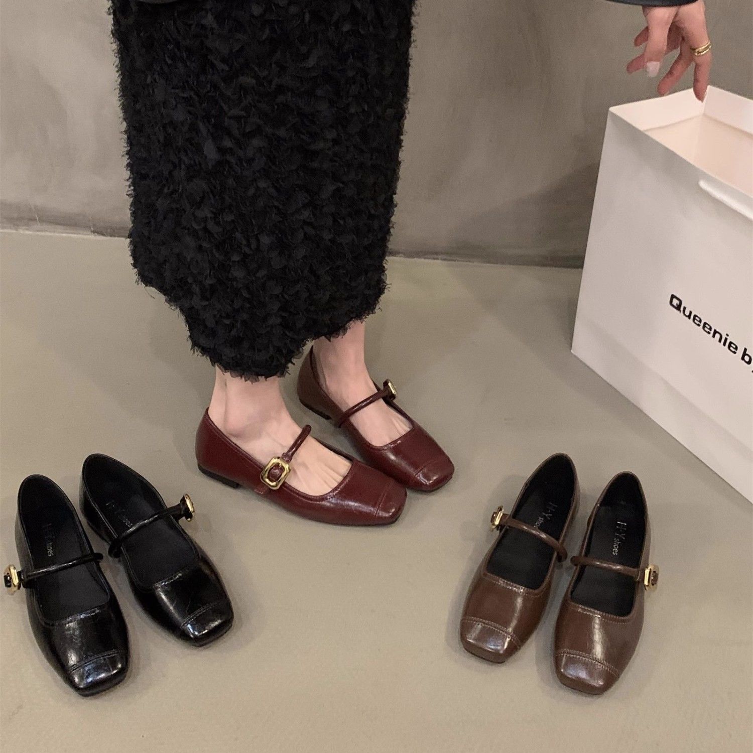 肯豆鞋平底玛丽珍黑色单鞋女鞋子2024年新款法式红色晚晚风温柔鞋