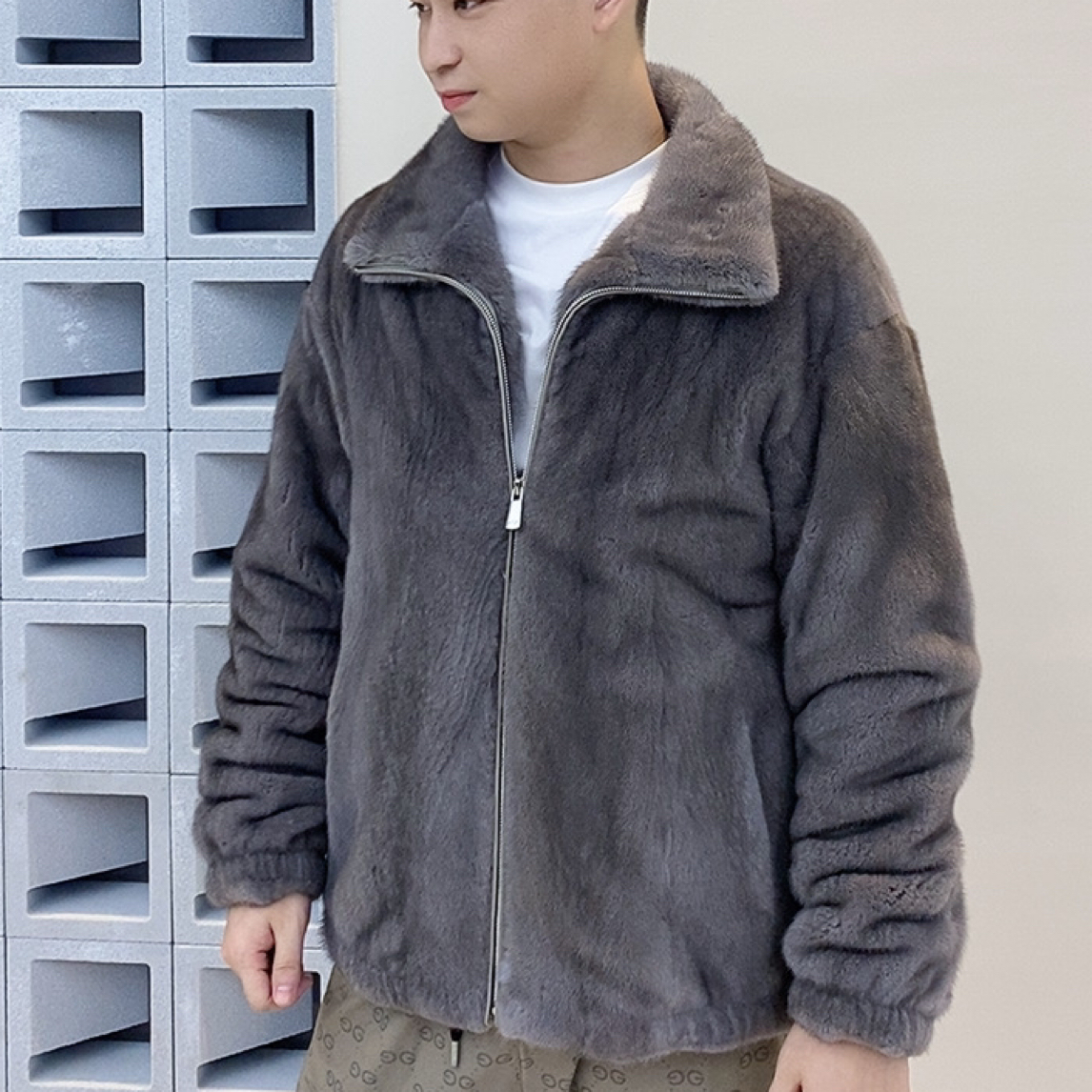 新款男式水貂皮草外套立翻领天鹅绒铁灰貂皮草