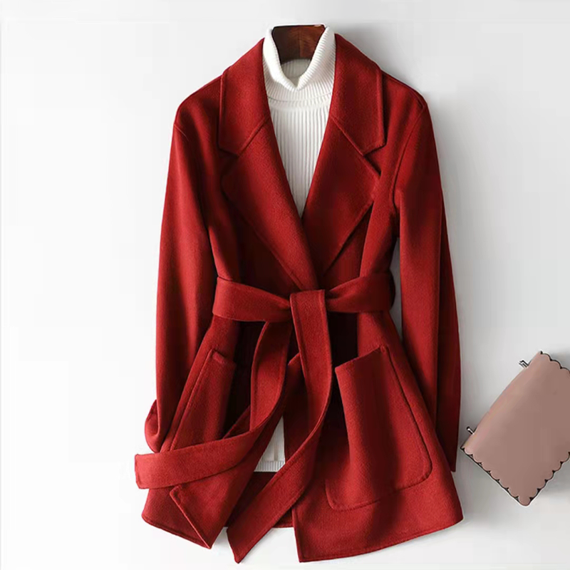 DFWOOLEN腰带羊毛大衣显高显瘦修身双面690百搭小个子短款时尚