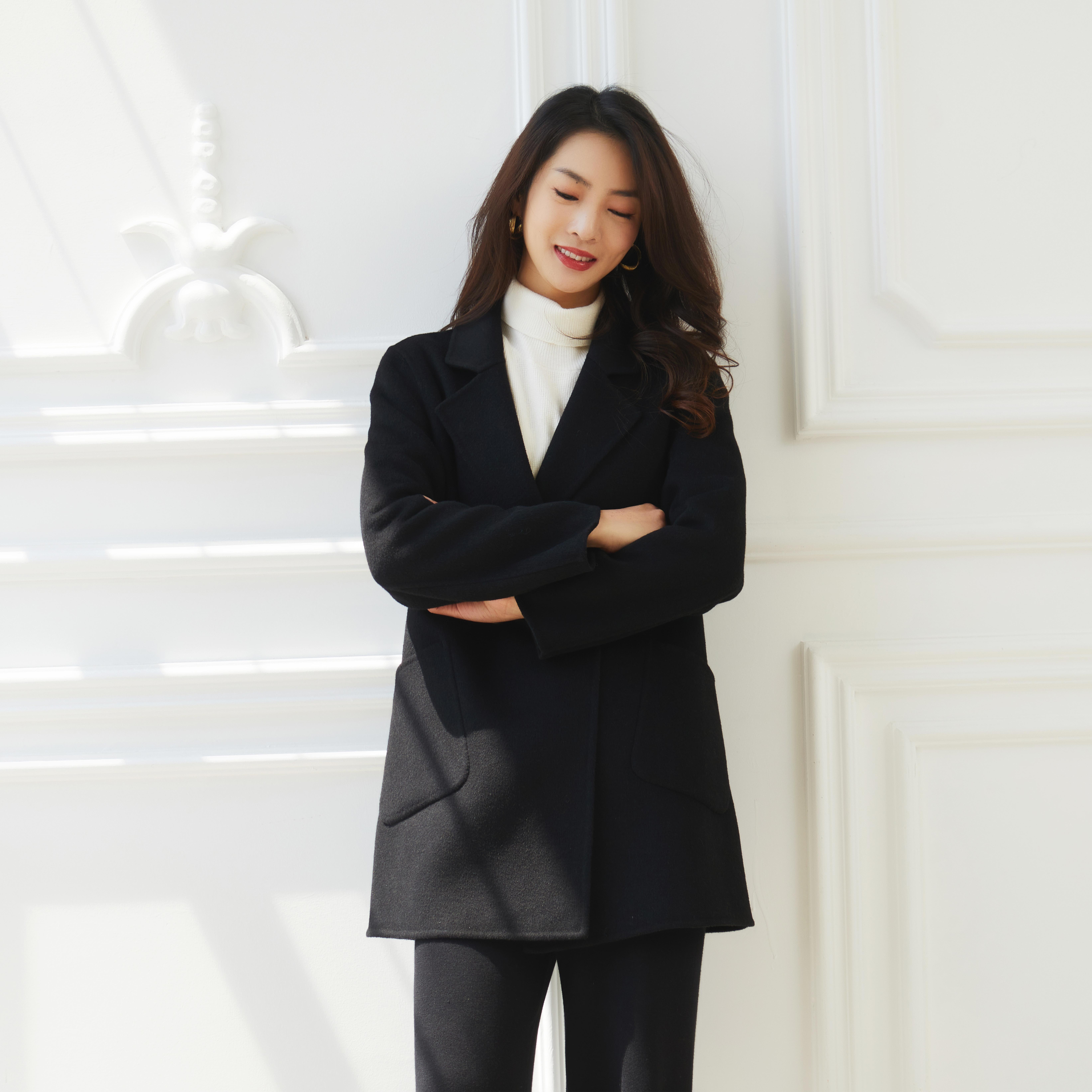 2025短款黑色秋冬外套双面呢大衣女士气质双面羊毛大衣818呢子
