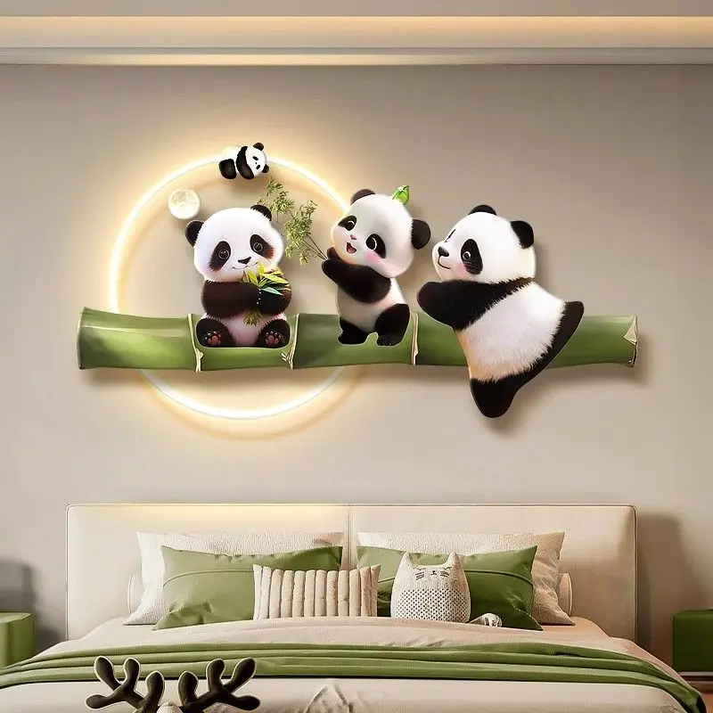 奶油风熊猫儿童房间氛围灯光装饰画卧室壁画男孩床头背景墙挂画