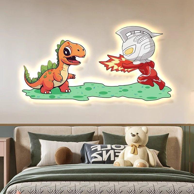 奥特曼打小怪兽儿童房装饰画男孩卧室房挂画床头背景墙面暖光灯画