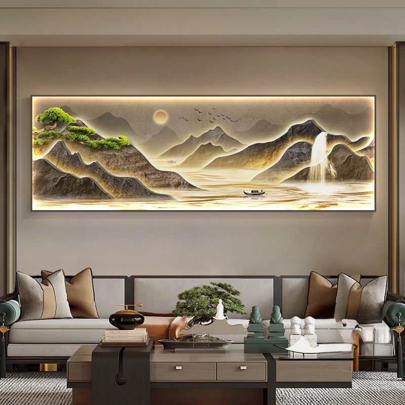 流水生财山水风景画新中式客厅装饰画大气沙发背景墙挂画背有靠山