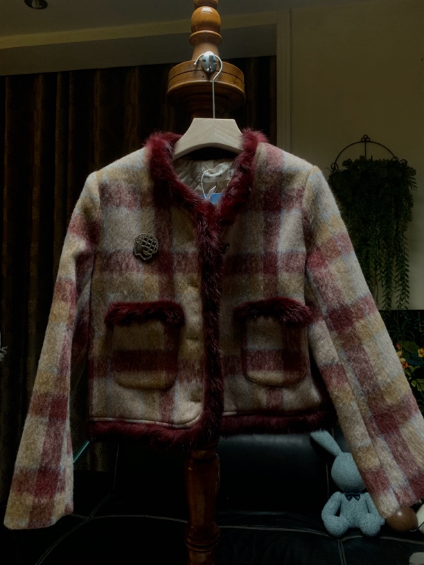 秋冬法式格纹圣诞红小香风夹棉上衣