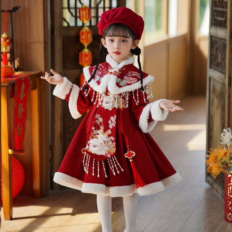 女童旗袍冬季连衣裙2024新款中国风汉服裙儿童拜年服裙子冬款唐装