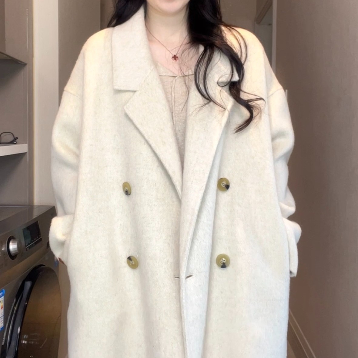 Annie韩剧女主羊驼绒慵懒宽松休闲气质双面呢大衣时尚网红毛呢