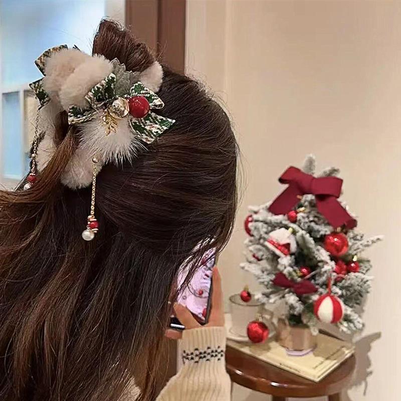 毛绒抓夹秋冬女后脑勺蝴蝶结流苏头饰鲨鱼发夹高端发夹耶诞节发饰