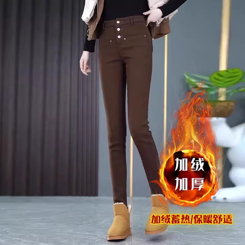 加绒加厚牛仔裤女2023新款秋冬女裤高腰紧身靴裤修身显瘦小脚裤子