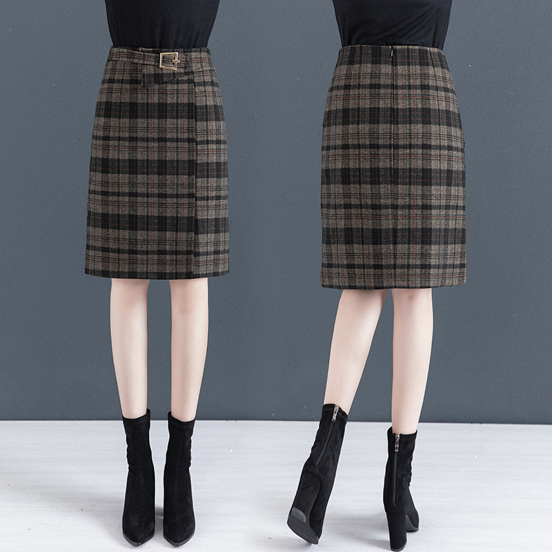 毛呢格子半身裙女2023新款秋冬小个子呢子包臀裙高腰显瘦a字短裙