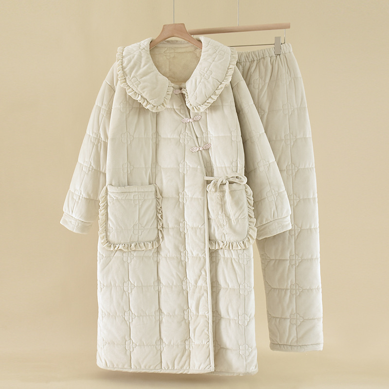 米白色娃娃领加长款加厚睡衣女士法兰绒家居服套装珊瑚绒夹棉冬季