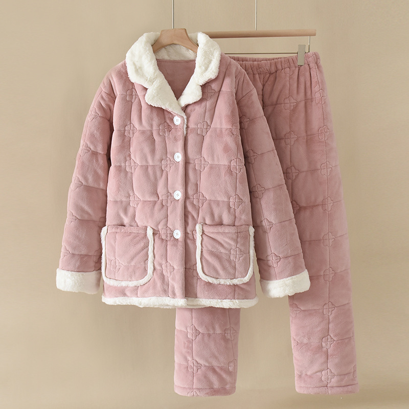 粉红色夹棉可爱休闲女士家居服珊瑚绒夹棉套装睡衣冬季法兰绒加厚