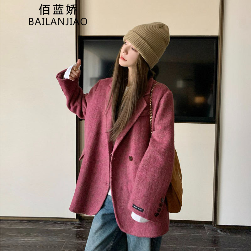 火龙果色双面羊毛西装呢子大衣女2025春秋新款韩系气质毛呢外套