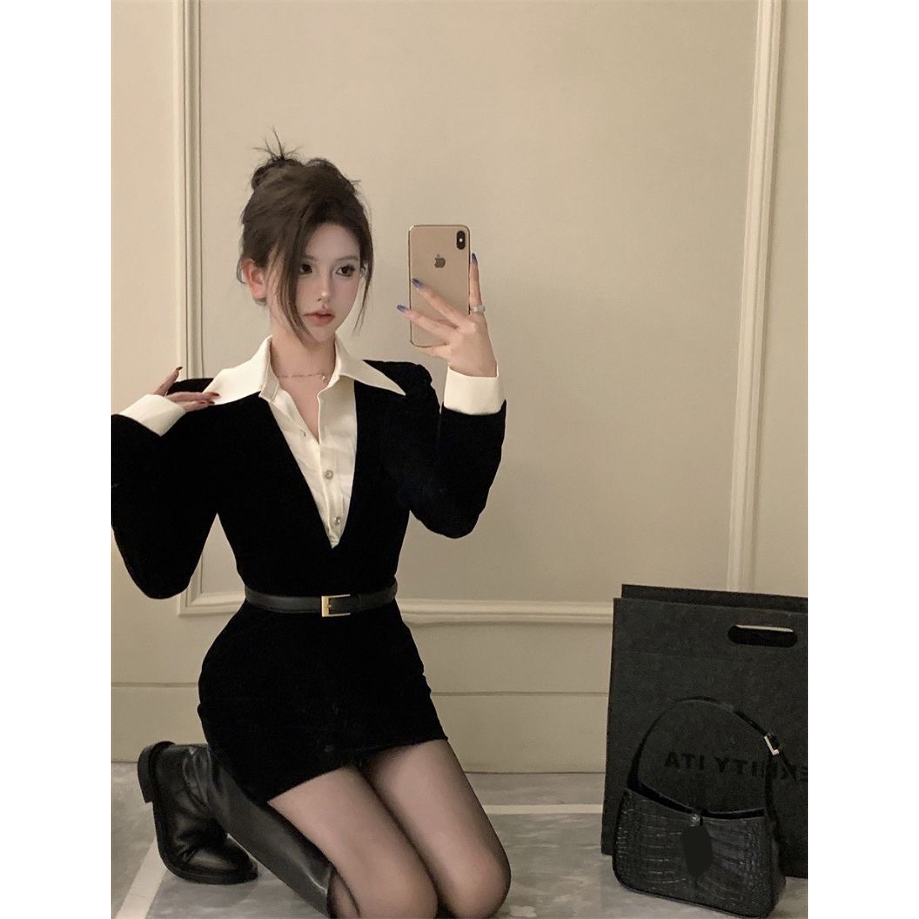 御姐风黑色收腰显瘦新款纯欲风短裙辣妹包臀连衣裙假两件气质长袖