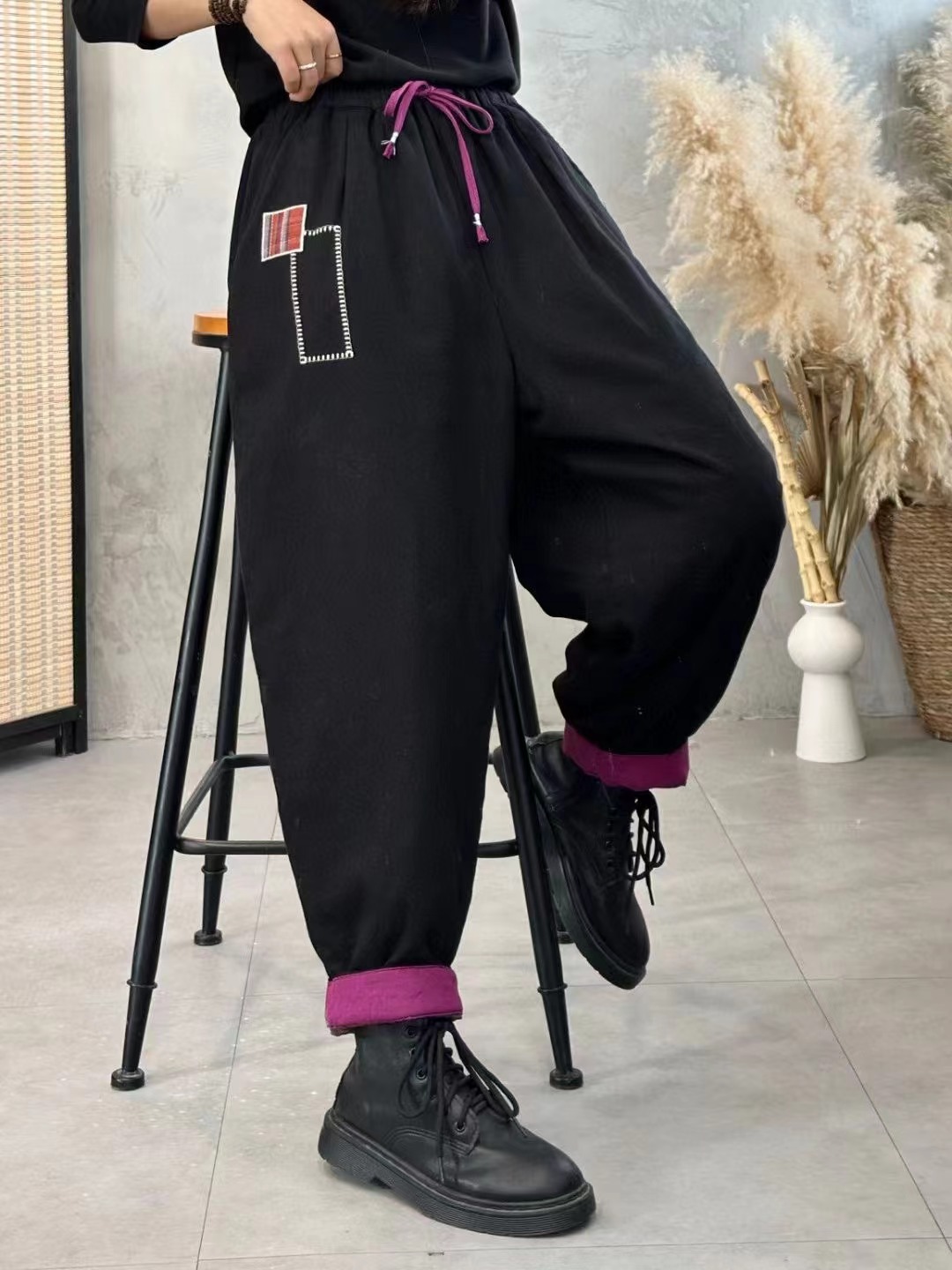 2024冬新款砂洗亚麻加厚夹棉棉裤女手工针贴布显瘦复古哈伦长裤