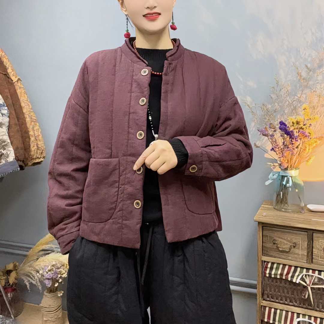 2024冬季新款文艺复古麻料百搭显瘦休闲气质木扣宽松夹棉女外套