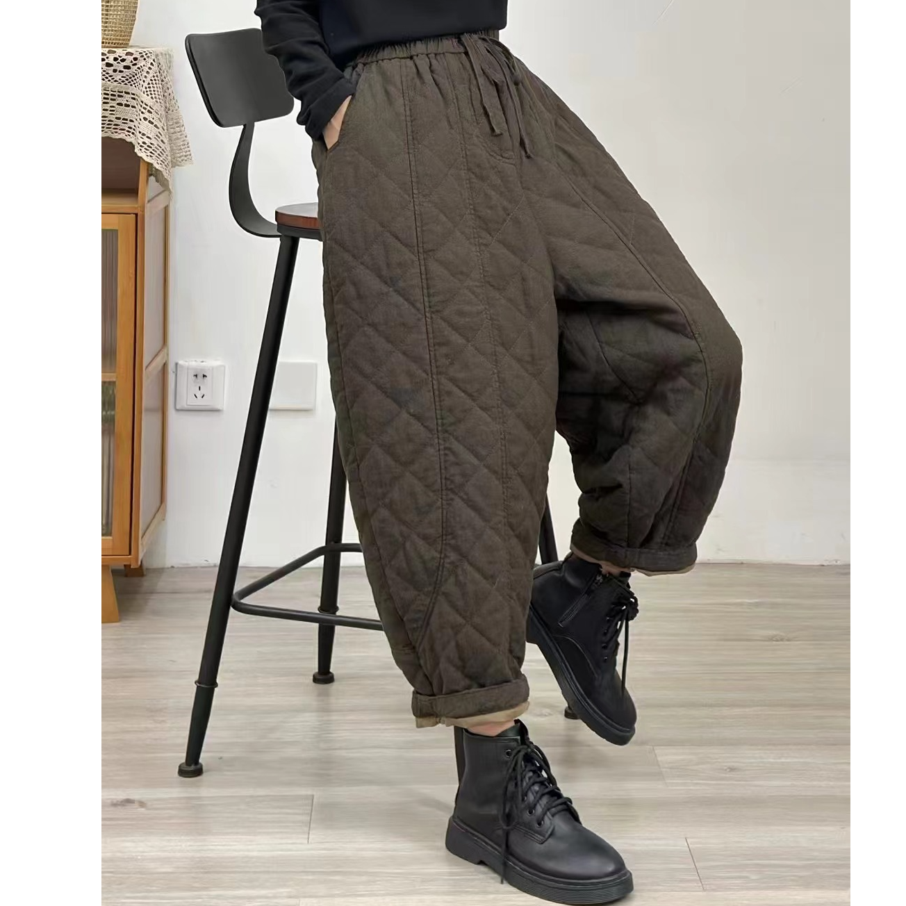 原创设计复古纯色冬款绗棉亚麻萝卜棉裤宽松休闲时尚百搭显瘦棉裤