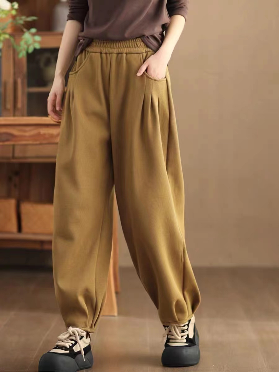 2023新款复古纯色加绒松紧腰时尚休闲百搭显瘦宽松秋冬潮流哈伦裤