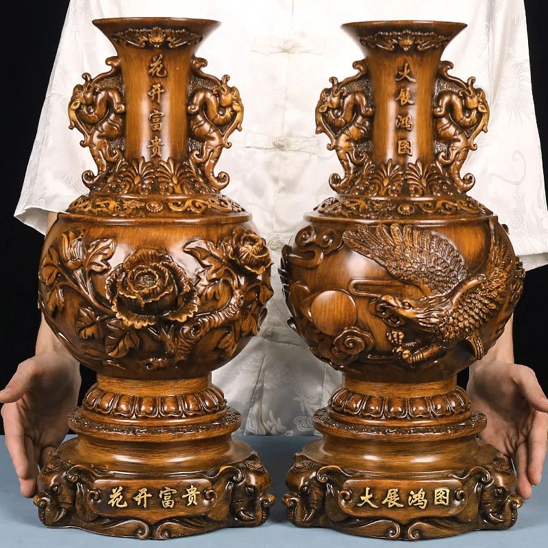 《黄檀木纹花瓶（一对）》客厅门店茶室装修高档摆件（直径25高47cm）