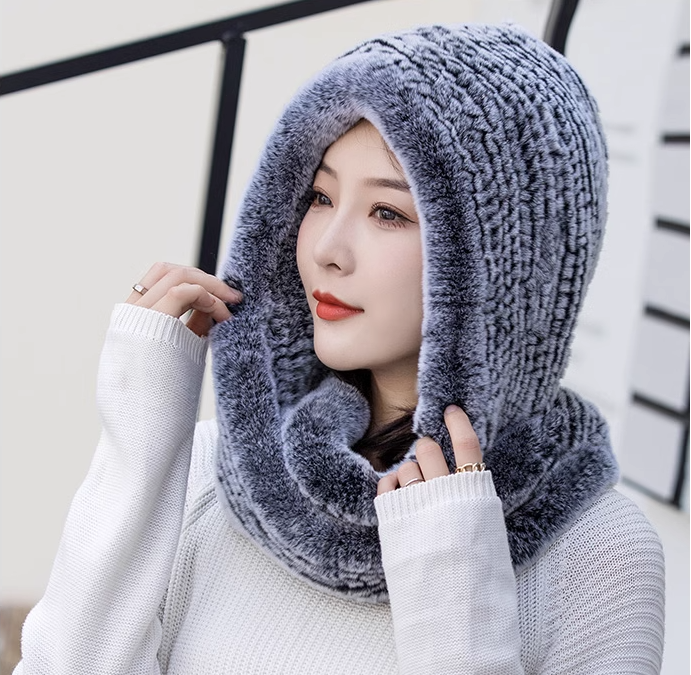 獭兔编织帽子围巾连体帽款多色可选冬季保暖帽子女款帽女士包头