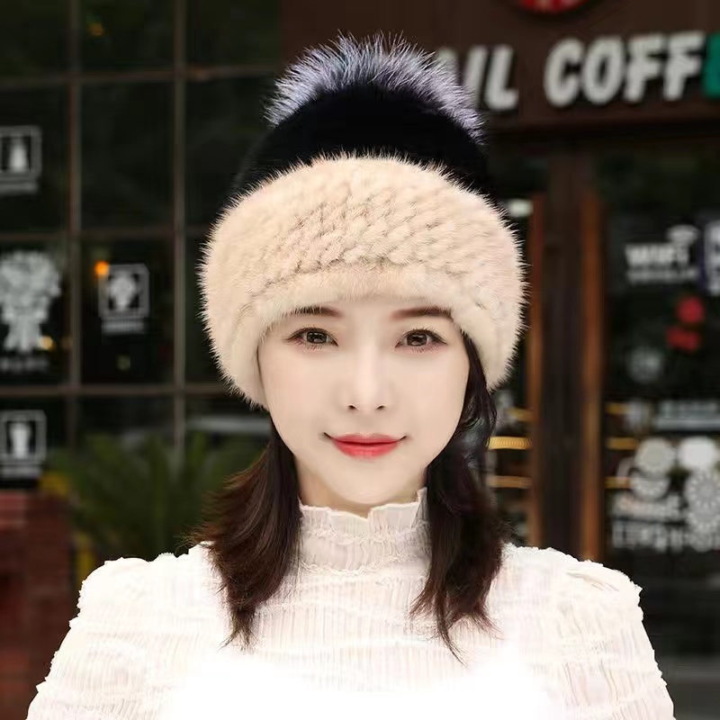 水貂帽子双色帽子玄狐毛球冬季保暖帽子貂毛帽女水貂毛帽