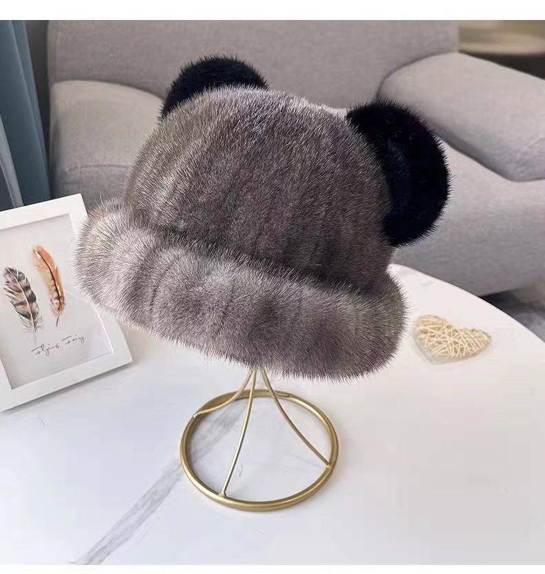 貂皮圈礼帽猫儿帽女冬季水貂毛皮草貂真皮女帽貂绒保暖冬天渔夫帽