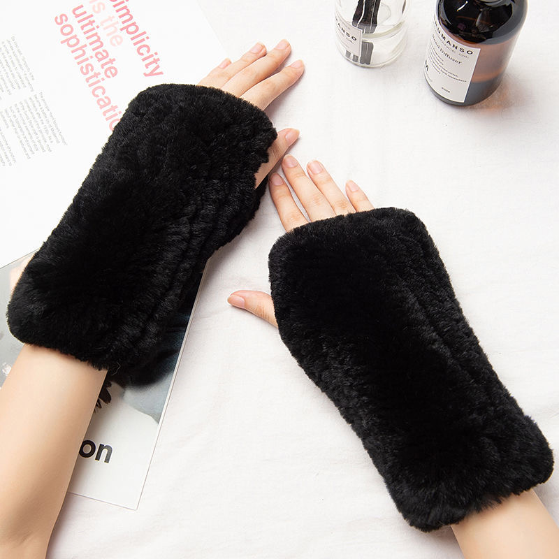 獭兔毛皮草手套冬季漏指弹力筒护腕手套半指手套洋气毛毛手套