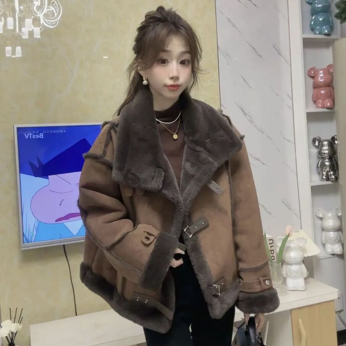 美拉德短款复古宽松外套女2023新款冬季皮毛一体加绒加厚机车服