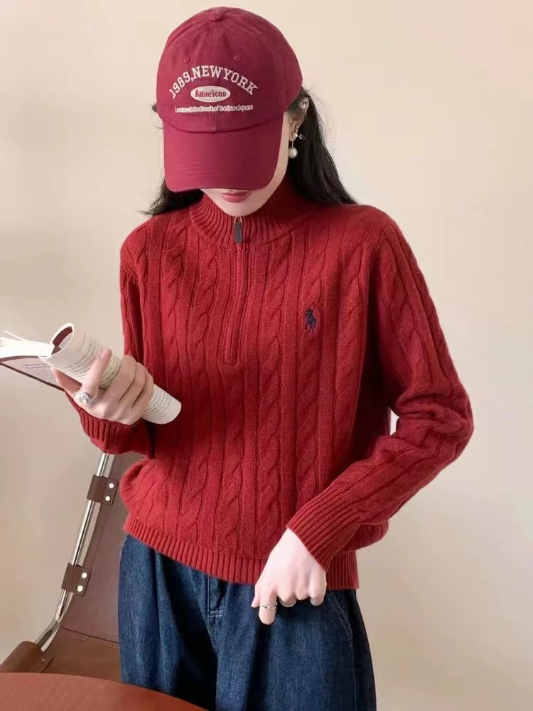 战马刺绣立领半拉链套头高领厚毛衣秋冬休闲百搭麻花针织衫女9981