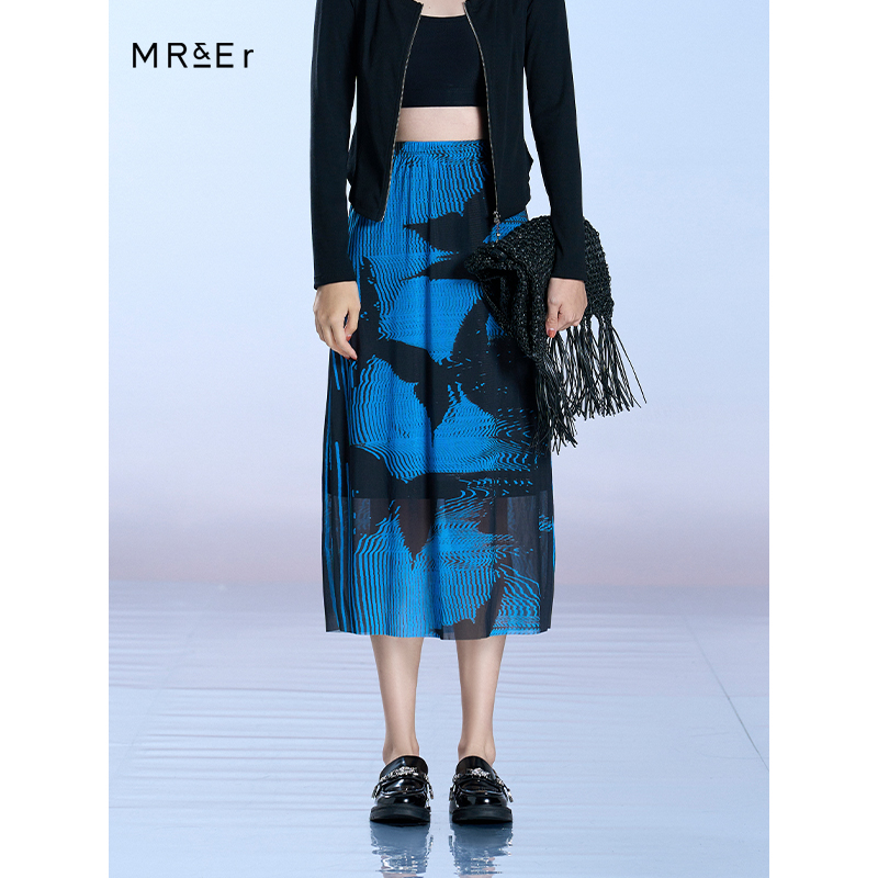 【专柜同款】新中式黑色蝴蝶结印花网纱裙中长款半身裙R4A63922