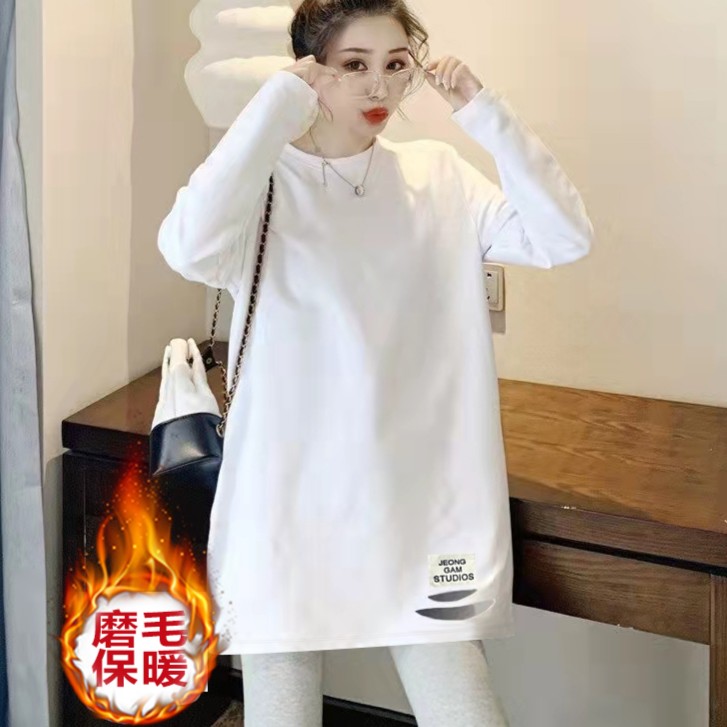磨毛长袖t恤女中长款秋冬白色设计感破洞上衣百搭显瘦加厚打底衫