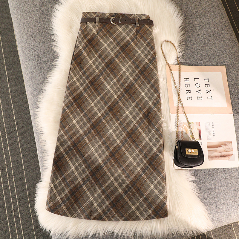 复古毛呢格子半身裙女2025秋冬高腰A字包臀开叉格纹长裙配腰带