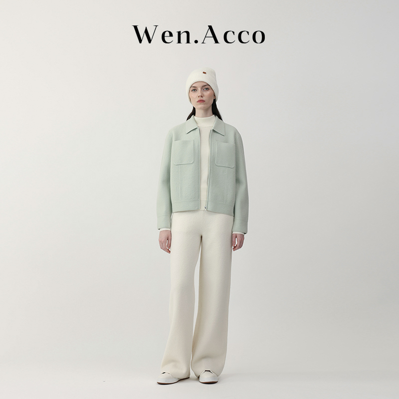 文娜可【醒】强缩绒针织羊毛翻领新中式短款外套女休闲上衣XM022