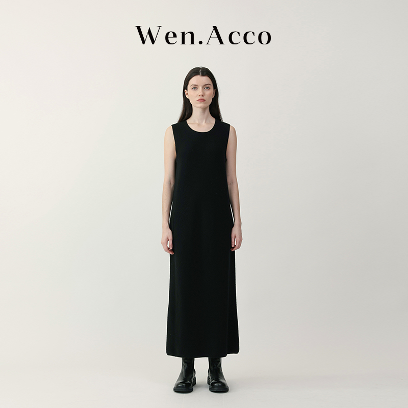 羊毛强缩针织背心长裙秋冬显瘦开叉法式连衣裙S747