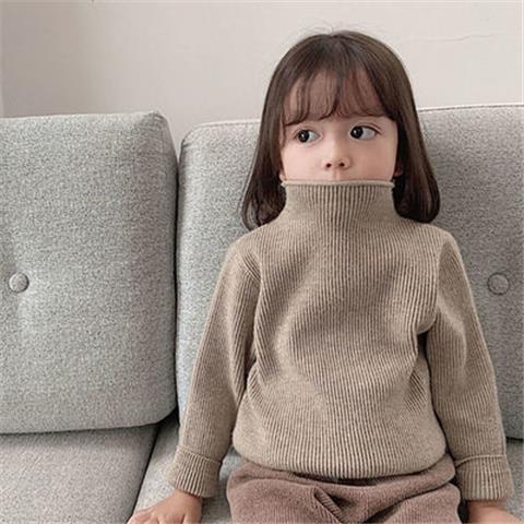 韩版女童2023秋冬装半高领毛衣宝宝纯色百搭宽松坑条针织衫男童
