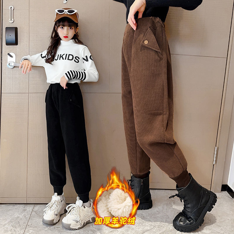 女童新款加绒加厚一体绒裤一条过冬保暖裤灯芯绒中大童卫裤休闲裤