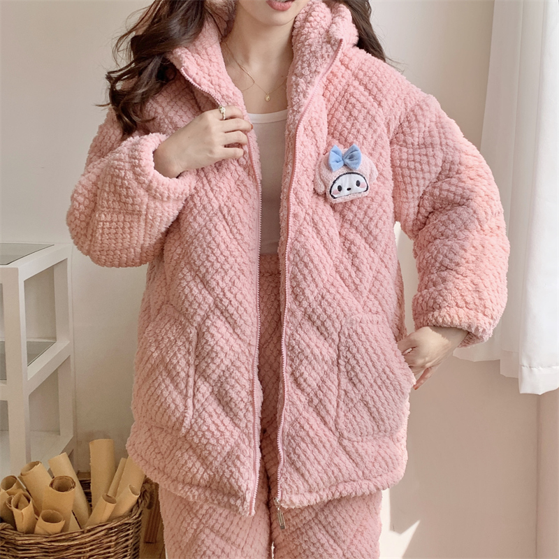 新款冬季连帽睡衣加厚夹棉睡衣家居服套装