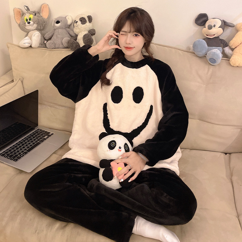 2025新款冬季女士加厚加绒圆领长袖长裤保暖睡衣可外穿家居服套装