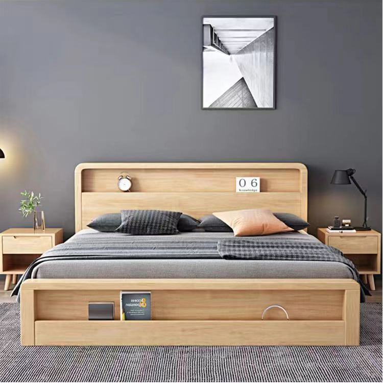 北欧实木现代简约家用双人床1.5米1.8米双人原木气压抽屉储物大床