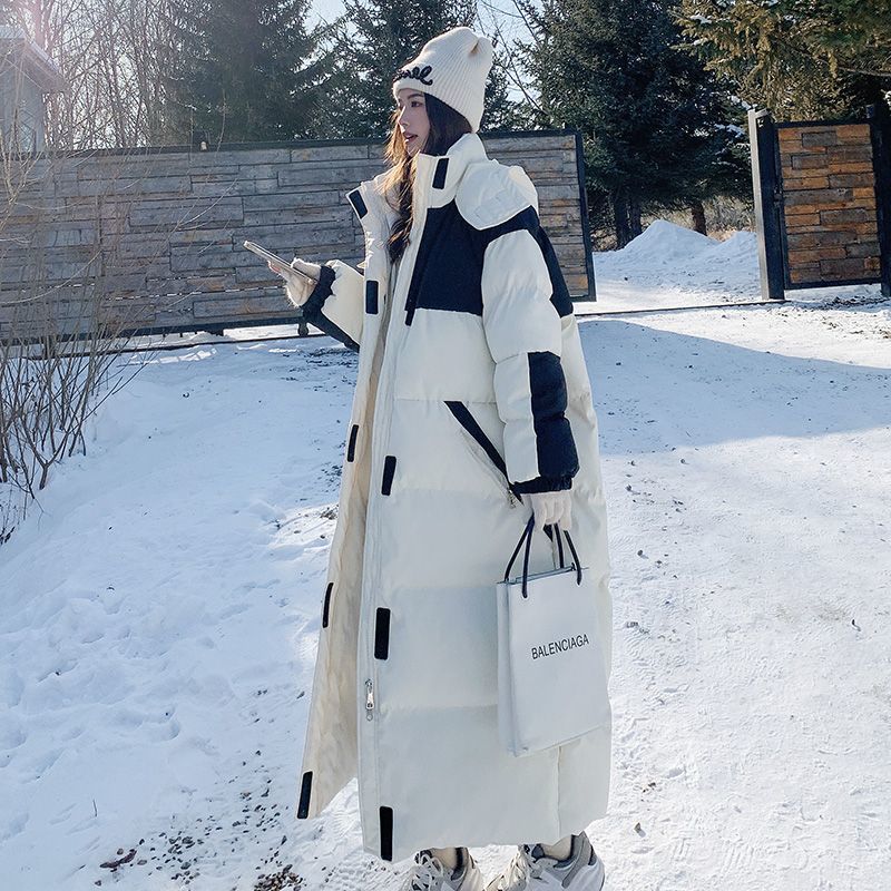 波司断码黑白色工装羽绒服女长款过膝新款羽绒服宽松加厚羽绒服服