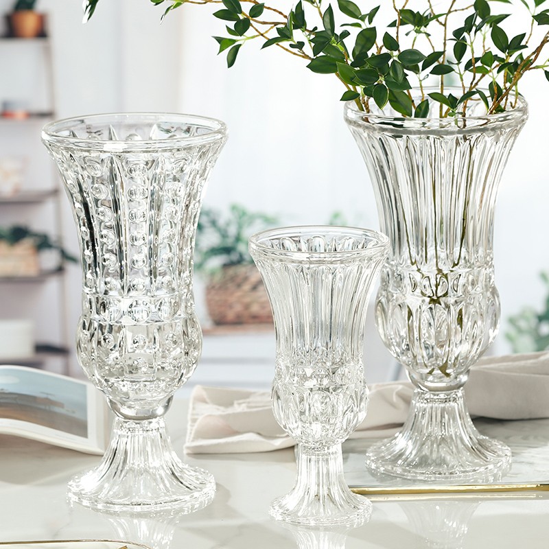 欧式浮雕水晶高脚玻璃透明花瓶加厚插花水养百合创意家居装饰摆件