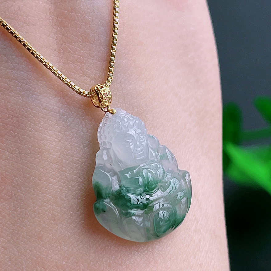 金缅甸玉器正品天然A货翡翠飘花飘绿宝宝佛吊坠