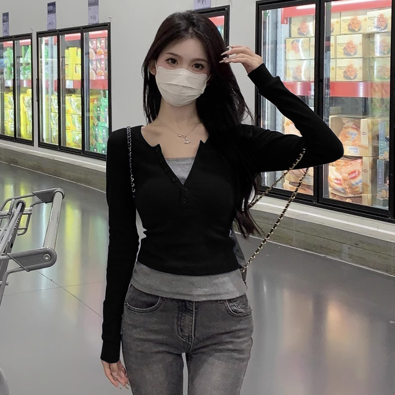 大码假两件长袖t恤女春游韩系微胖修身显瘦设计感拼接遮肉上衣潮