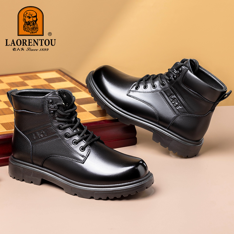 老人头秋冬新款保暖男士百搭黑色手纯色系带商务休闲正装英伦风鞋
