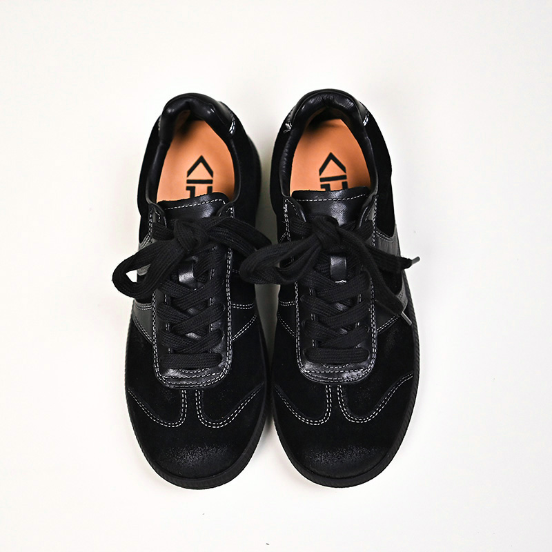 黑色圆头平底德训鞋女 新款复古里外全牛皮休闲运动女鞋子