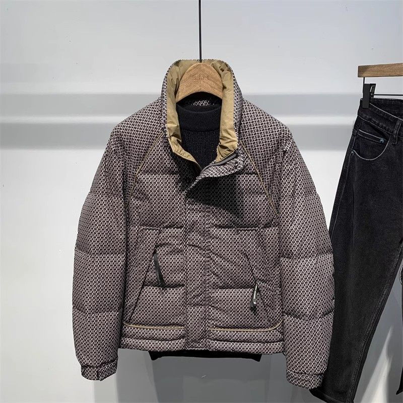 波司登2023冬季男士千鸟格立领羽绒服青年时尚拼色加厚短款痞帅羽