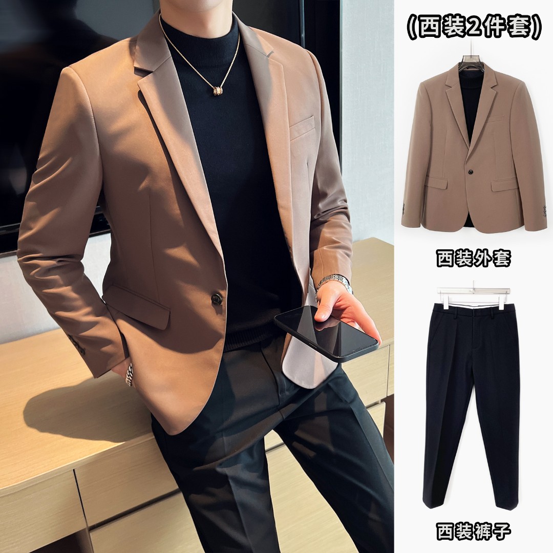 两件套男西装秋季韩版修身休闲小西装上衣商务西服结婚套装男