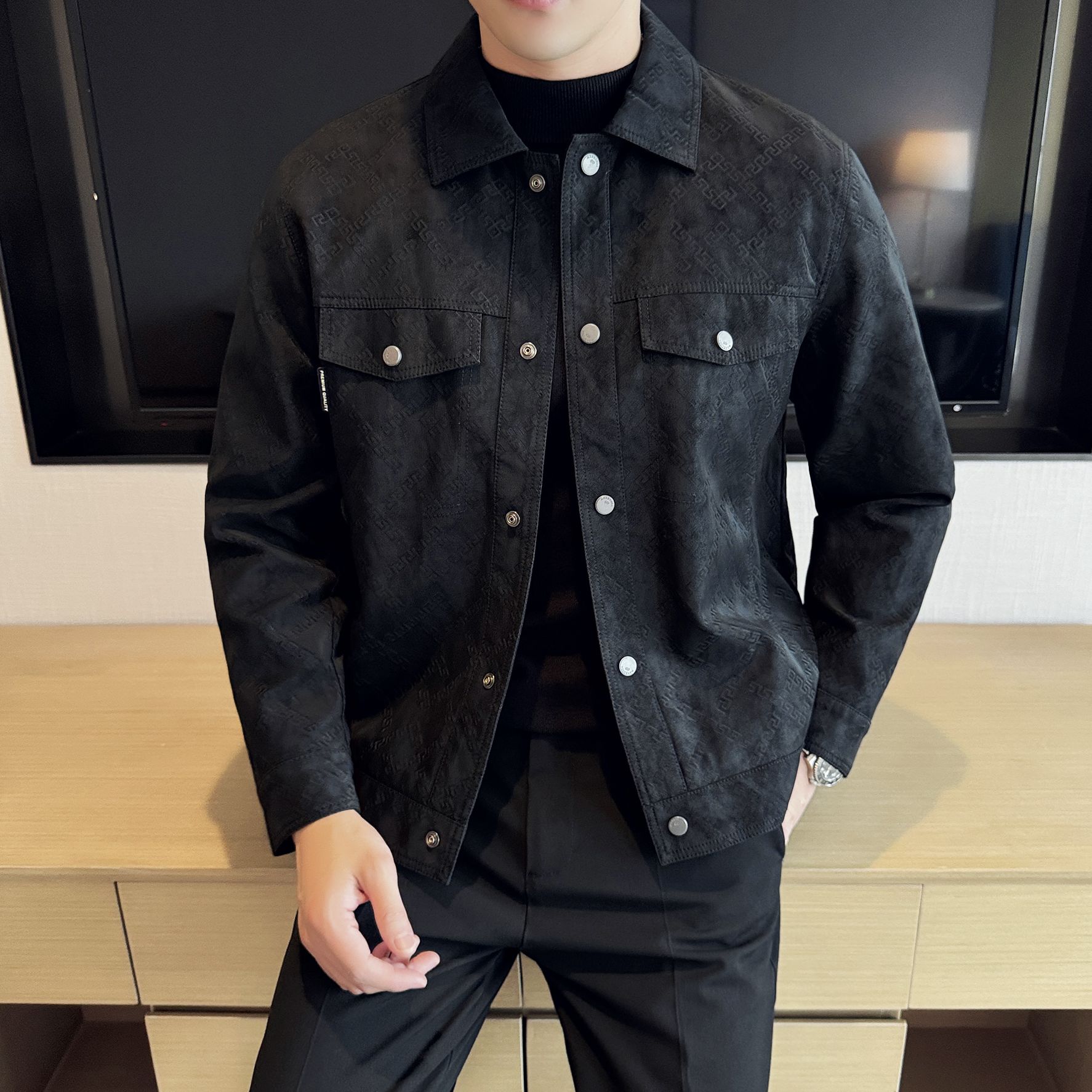 翻领男夹克秋季新款外套男士韩版修身茄克衫男潮流帅气休闲上衣男